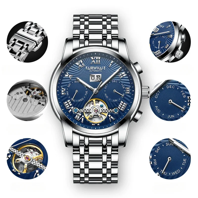 High End Business Men's Mechanical Watch Tourbillon Hollow Multi Function Waterproof Calendar Man Sports Watch