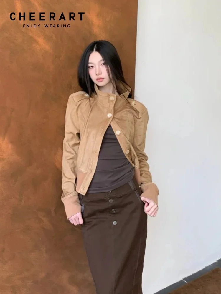 

CHEERART Autumn 2025 Suede Jacket For Woman Stand Collar Winter Coats Khaki Ladies Fashion Outerwears Cropped Jacket