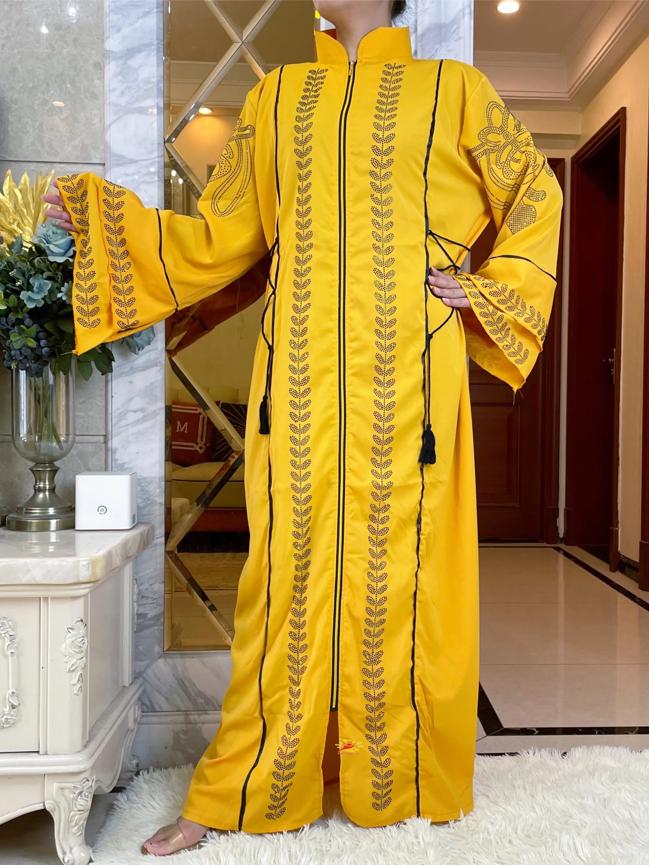 2023New African Spring Design Bazin Chiffon Long Stick Diamonds Sleeve Dashiki Dress Lady Muslim Middle East Abaya Women Clothe