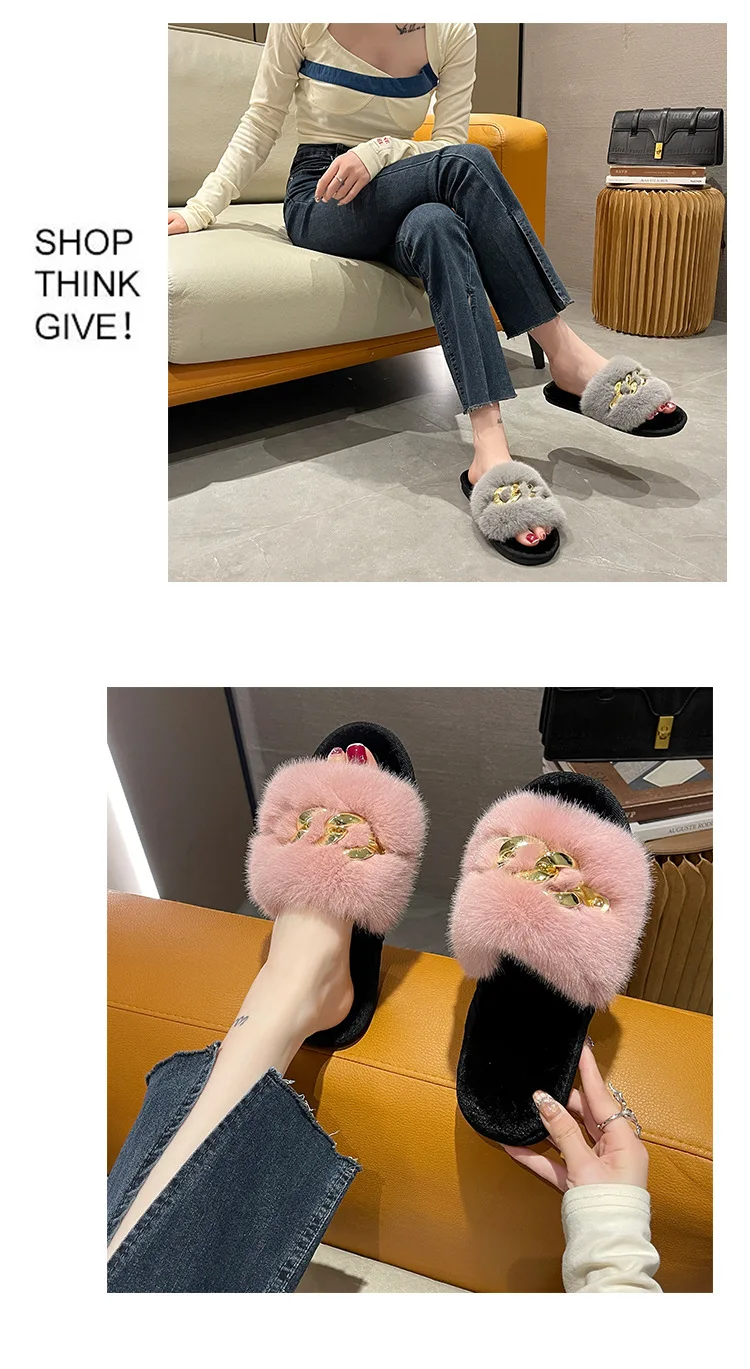 Herbst/winter Metall Kette Woolen Baumwolle Hausschuhe Mode Warme frauen Große Pelz Flache Ferse Gerade Hausschuhe Hause Baumwolle pantoffel – Detail 5