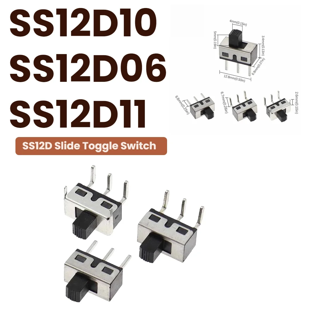 20pcs-100pcs SS12D06 SS12D10 Mini Slide Toggle Switch 2‑Speed 3‑Pin 5mm Knob High Current Vertical / Bent Pin DIP Sliding Switch