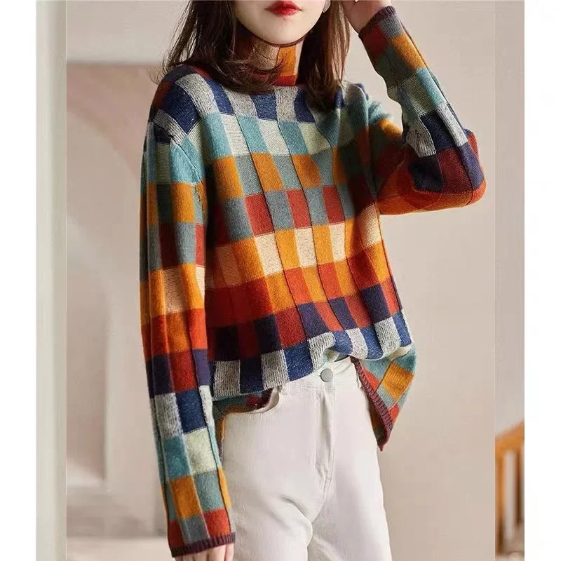 Vintage Wolle Damen pullover lose koreanische Pullover Herbst/Winter Kleidung Verkauf Langarm Plaid Pullover