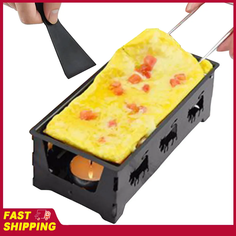Raclette de queso de acero al carbono, utensilio de cocina antiadherente, sartén para derretir queso con espátula y mango de madera plegable