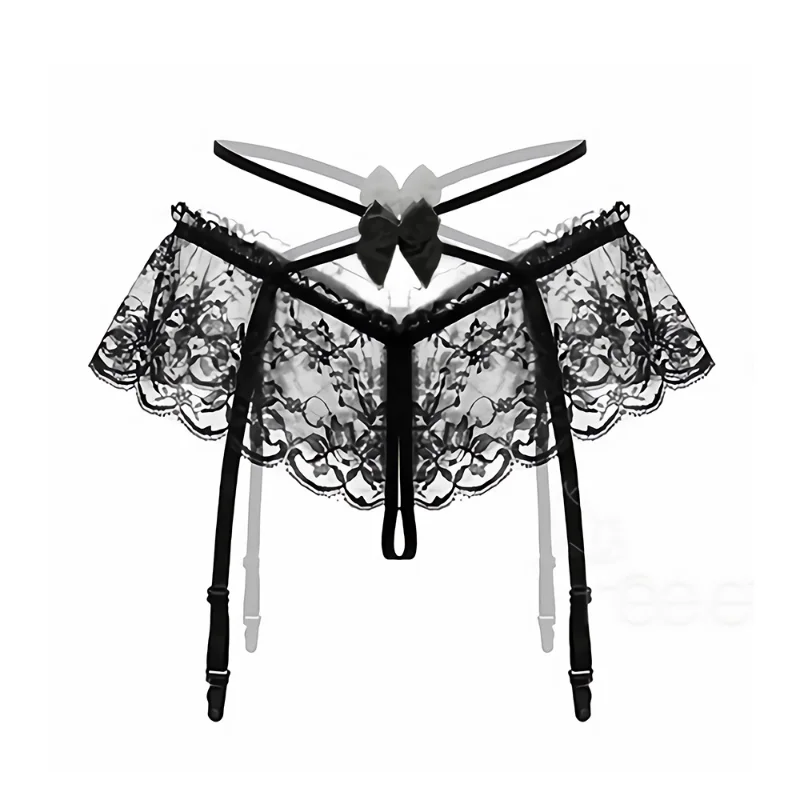 Women Sexy Wedding Garter Belt+Stocking Black Lace Suspender Belt for Sexy Lingerie Hollow Crotchless Garters