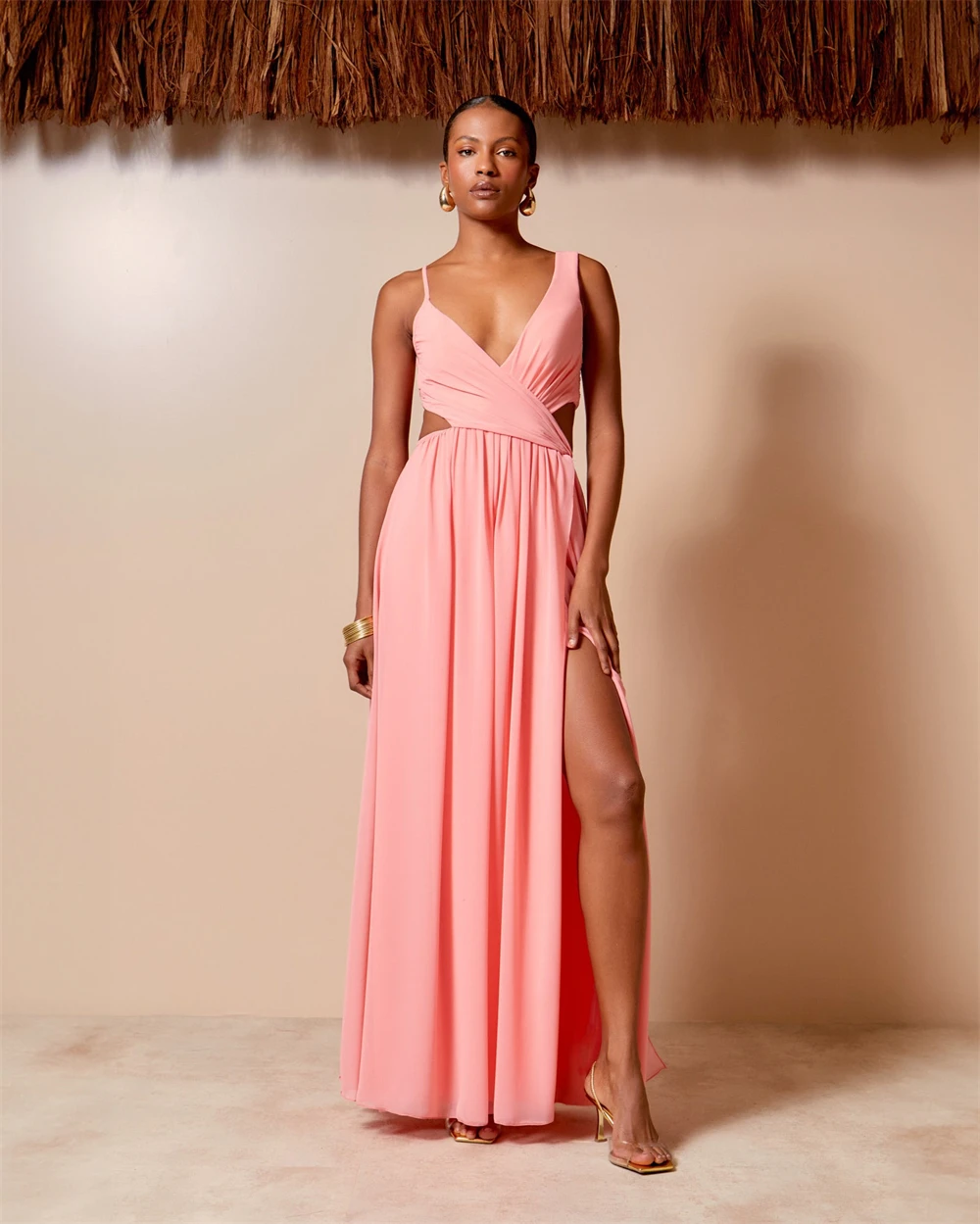 

Customized Classic Pink Jersey Evening Dress V-Neck Cap Sleeve Sleeveless Celebrity Gowns Temperament Bespoke Occasion Gowns