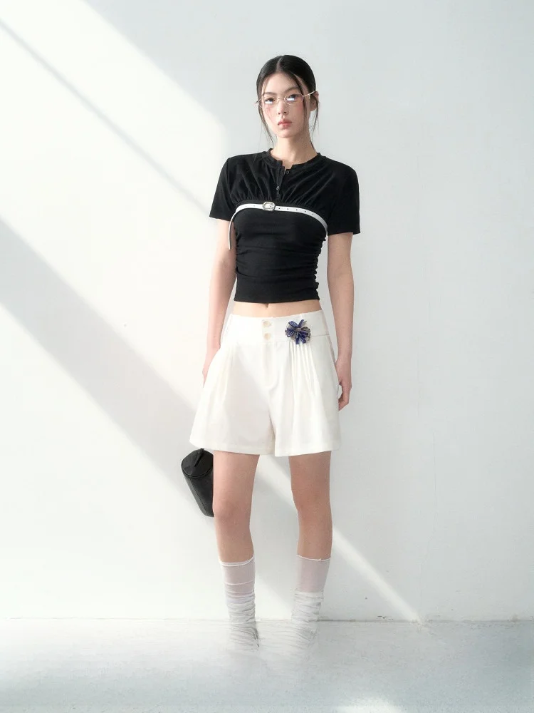 

Casual Pure Color Wide Leg Pleated A-Line Suit orts Women Summer White Versatile Loose Pants Commute Sle Straight Tube Pants