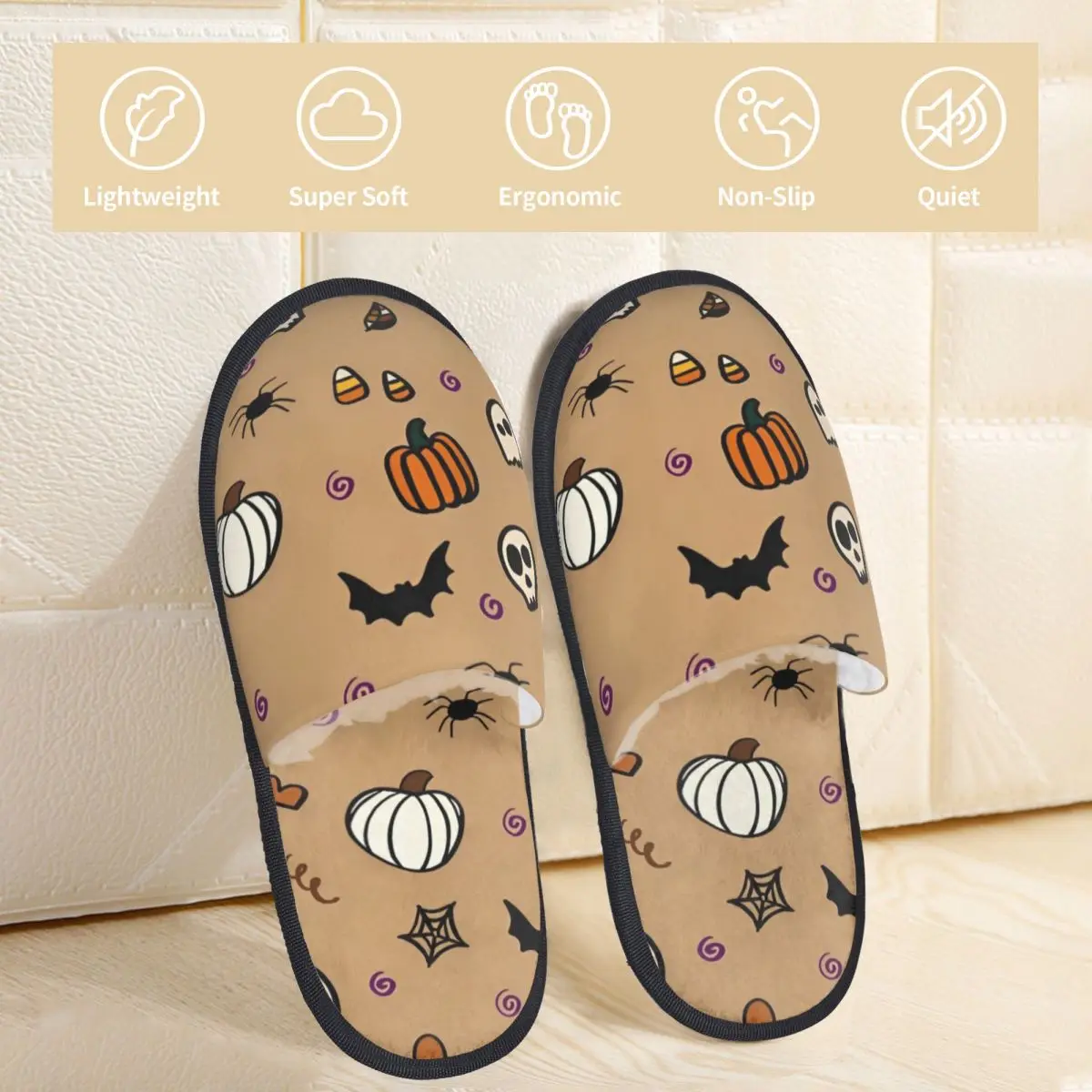 Halloween Horror Pumpkin Skeleton Bat House Cotton Slippers Living Room Soft Household Fur Slippers Slides Non-skid