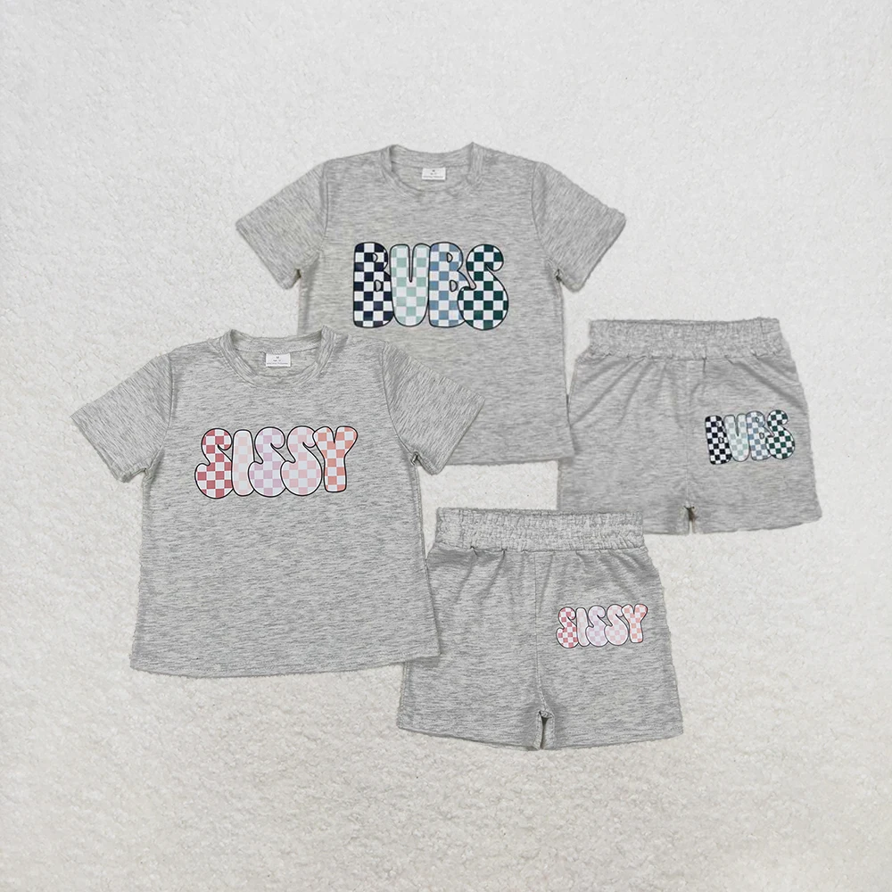 

GSSO2135 Wholesale baby girl clothes Offset color plaid letters gray short sleeve shorts sets Summer Boutique kids clothes boys