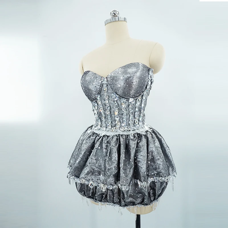 GogoLuxury قطعة فستان مثير رمادي كريستال مجموعات بلوزات وتنورة أداء حفلة عيد ميلاد سحب الملكة يوتار القطب ملابس الرقص