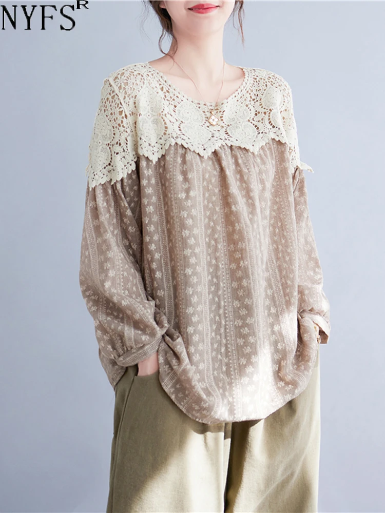 

NYFS 2023 Autumn New Korea Woman Tops Loose Fat MM Cotton Linen Lace Patchwork Long Sleeve T Shirt