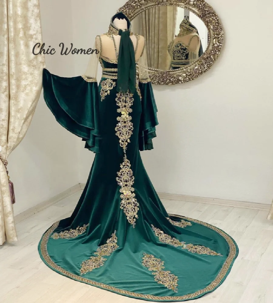 Turkish Kaftan Albanian Evening Dress Green Velvet Mermaid Moroccan Prom Dress With Lace Flare Sleeves Middle Eastern Ottoman