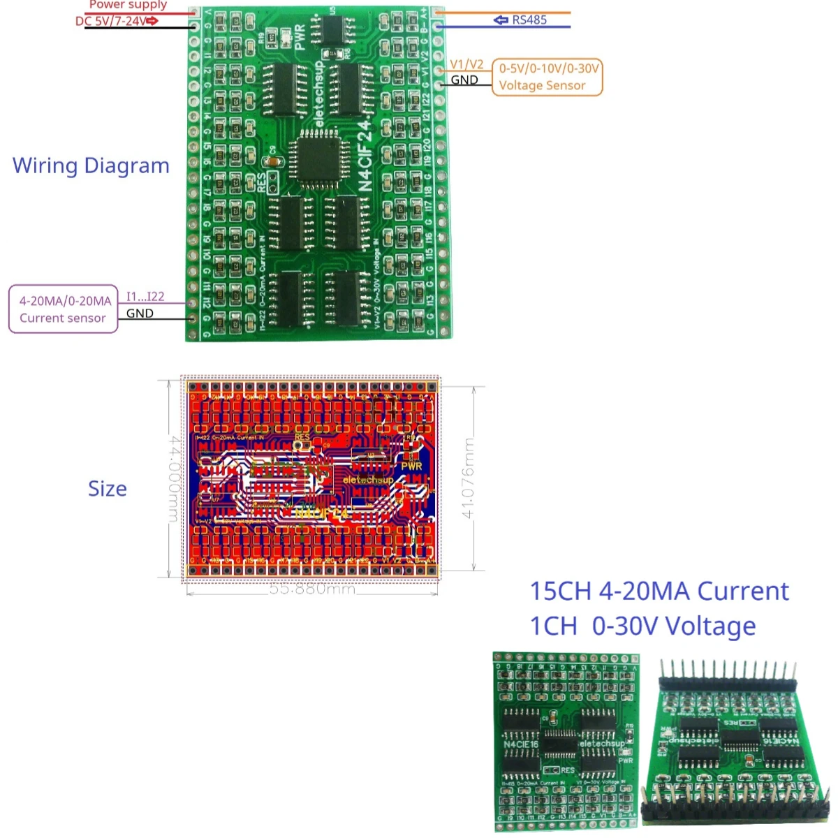 8-24CH mini RS485 Modbus Rtu Current Voltage Collector Board 4-20MA 0-30V ADC Collection for Temperature sensor Motion detector