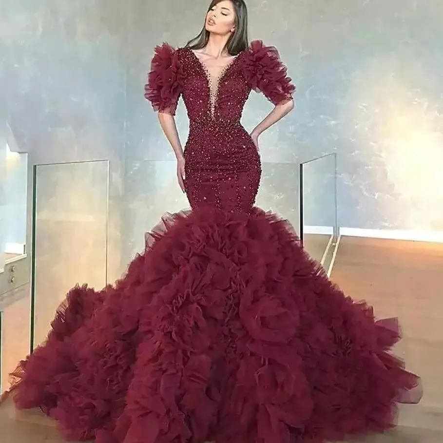 New Luxurious Burgundy Sequins Mermaid Evening Dress Beaded Ruffles Custom Made V Neck Half Sleeves Gown Vestido de novia