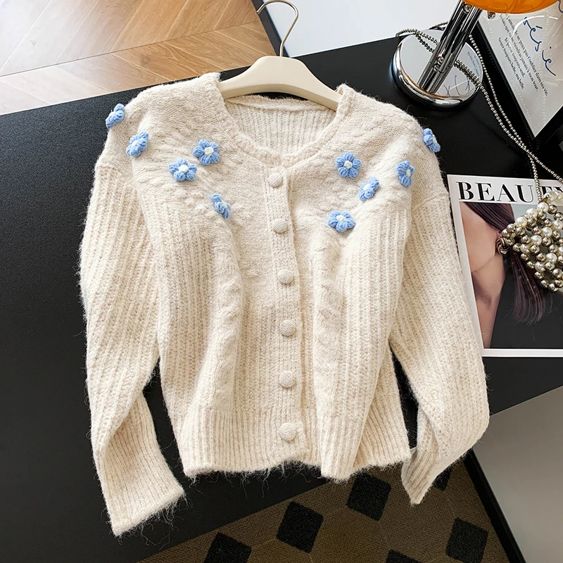 Ele ثلاثية الأبعاد سترة مشغولة من الصوف للنساء الخريف الشتاء مكافحة الشيخوخة تنوعا سترة Quali الصوف تصميم الأزهار Faionable