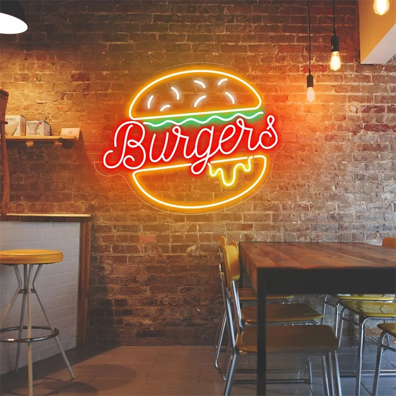 Burger Neon Sign Custom LED Dimmable Hamburger Neon Light Up Sign Home Wall Decor Fast Food Coffee Shop Restaurant Bar Decor