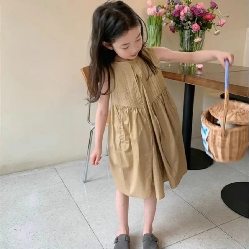 فتاة صيف جديد 2025 الحلو أضعاف سترة دون أكمام تنورة فستان الصلبة عادية بسيطة موضة حلوة الكورية نشط خمر لطيف لينة