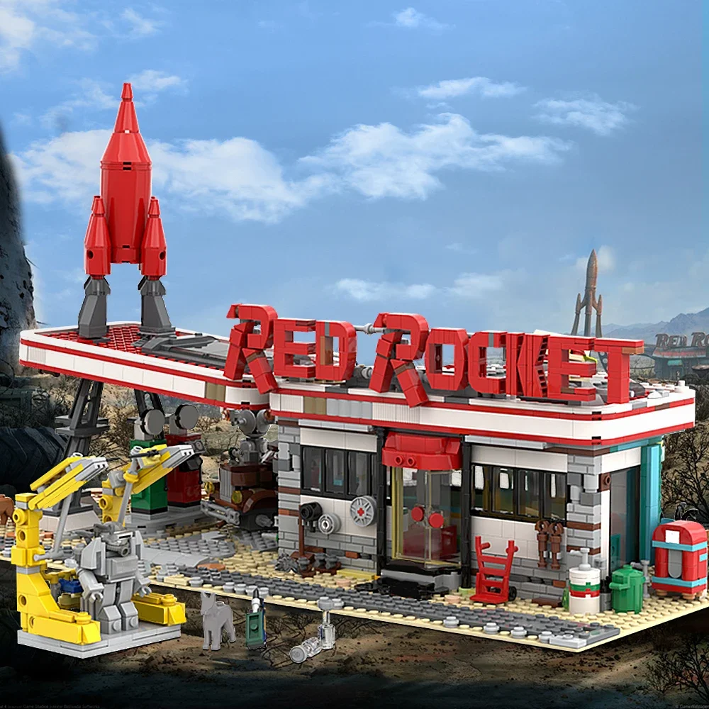 MOC City Hot Street View Space Launch Modular Red Rocket Gas Station ideas creativas para niños, juguete de ladrillos, regalo de cumpleaños