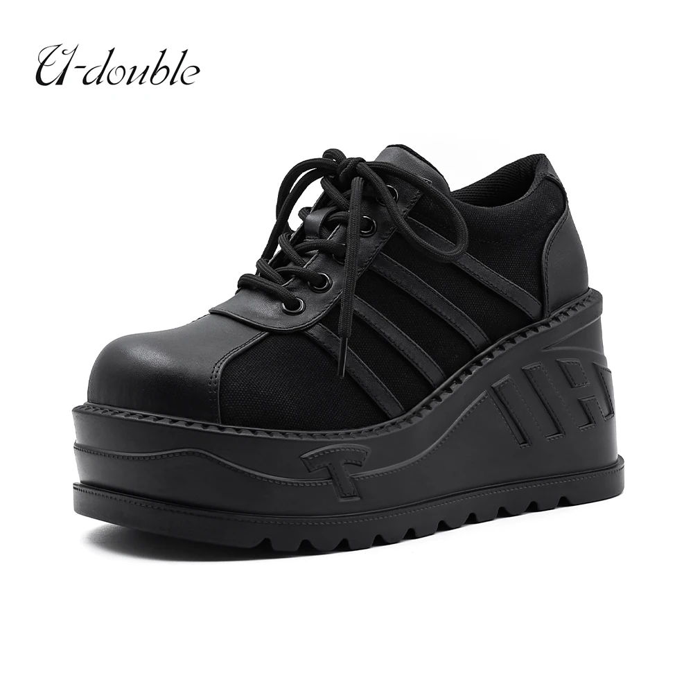 U-DOUBLE Brand Wedge Thick Bottom Fashion Punk Shoes Woman Fashion Classics Gothic Boots Women Ladies High Platform Flats Black