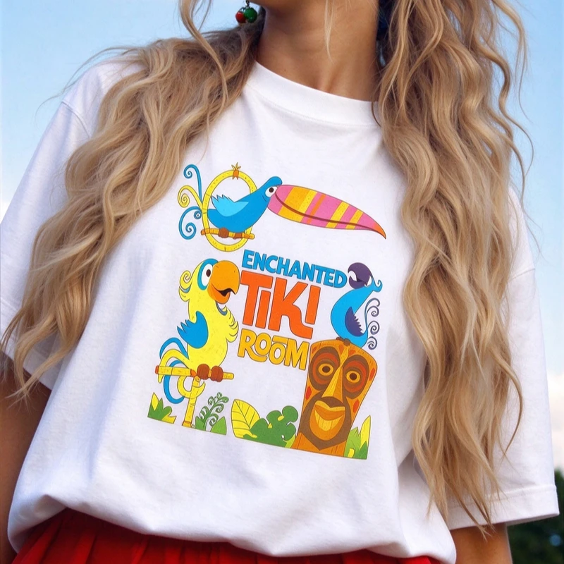 Enchanted Tiki Room Vintage Cartoon T Shirt Tropical Parrot Totem Graphic Tee Vacation Lover Gift Unisex Short Sleeve Y2k Top
