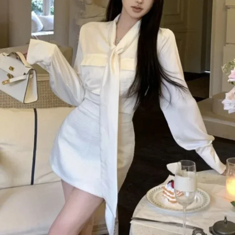 Spring Autumn Female Dress Satin New In Trendy Women's Long Sleeve Dresses Curvy Y2k Thic 2025 Korean Style High Quality Luxury