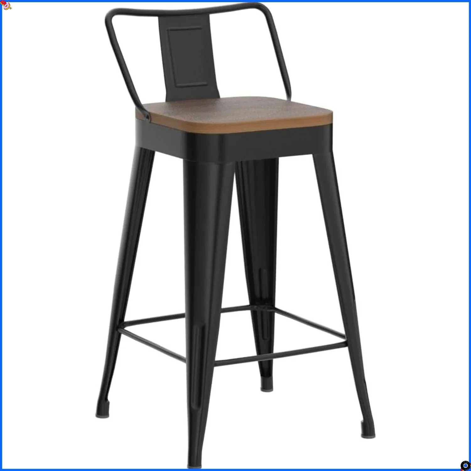 4팩 금속 바 스툴, 등받이와 나무 시트가 있는 24인치 카운터 높이, 모던