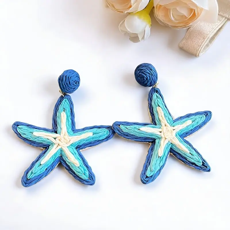 Bohemian style starfish Lafite grass earrings, hand woven rattan women's earrings, vacation seaside fashion accessories
