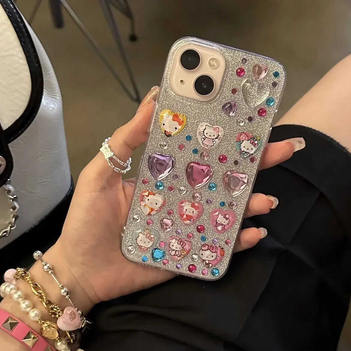 Sanrio Hello Kitty Colored Diamond Iphone Case Three-dimensional Cute Protective Case for Iphone 16 15 14 13 12 11 Promax