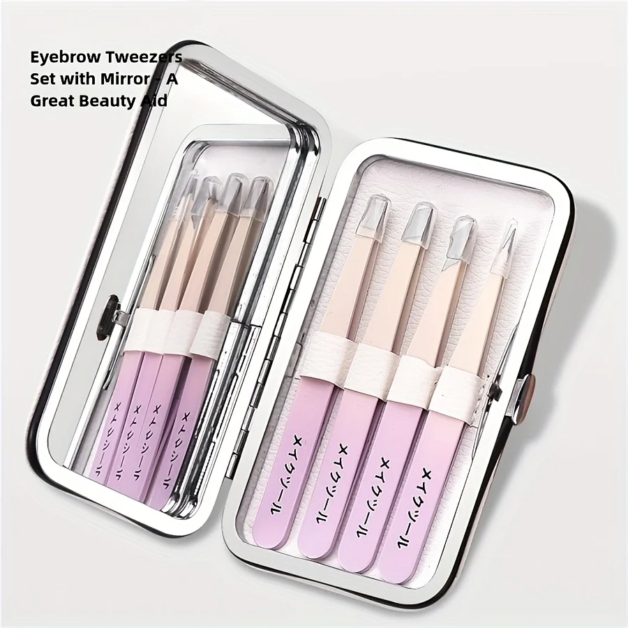 4pcs Stainless Steel Tweezers Set with Mirror Box  Professional Eyebrow Facial Hair Eyelash Grafting Tweezers Christmas Gift