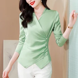 Blusa de satén verde con pliegues para mujer, camisa de cintura delgada, manga larga, elegante, con cuentas, Color sólido, para oficina