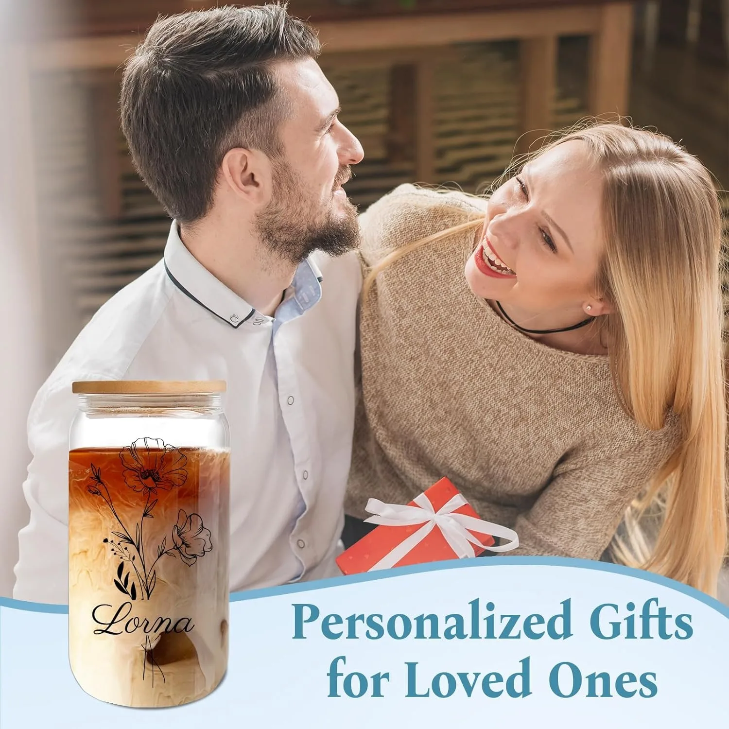 Personalisierter Glasbecher mit Blumen und Namen, Individueller Glas-Tumbler mit Deckel und Strohhalm, Geburtstagsgeschenke für Frauen, Mütter, Freundinnen