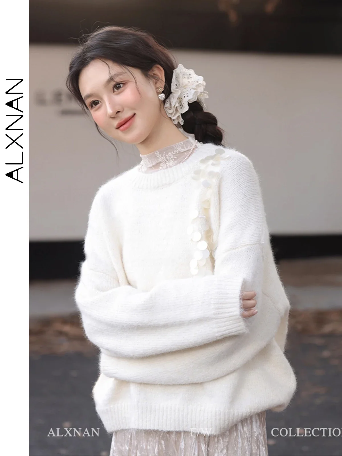 ALXNAN Damski Sweter z Okrągłym Dekoltem, Ozdobiony Brokatem, Dzianinowy Pulower, Nowy, Luźny Krój, Elegancki, Miękki Sweter na Jesień i Zimę L52669