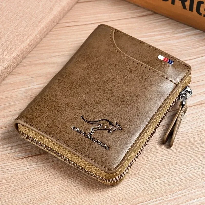 Cartera para hombre, tarjetero de cuero, monedero con cremallera, carteras de lujo para hombre, monederos con protección RFID, cartera Masculina de lujo