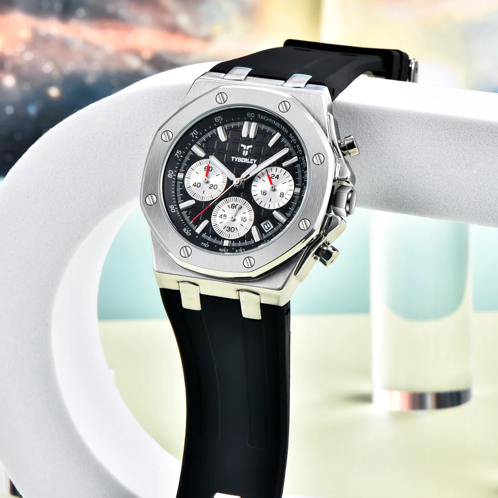 2026 New TYBERLEY Luxury Men's Quartz Watch Sports Chronograph Luminous Waterproof Fashion Watch Men Silicone Grid Literal +BOX