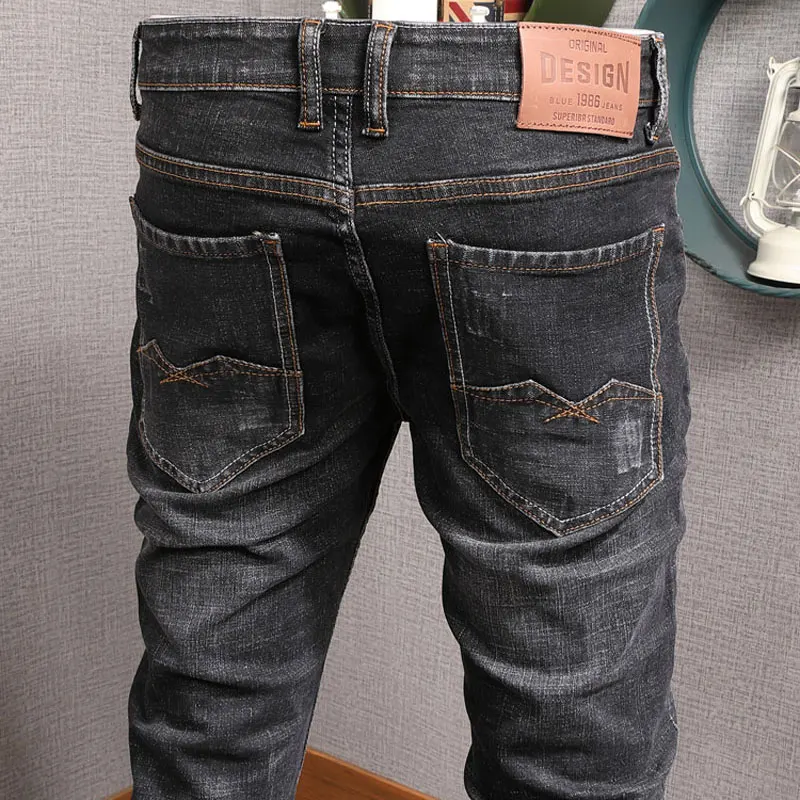 Fashion Designer Men Jeans Retro Black Gray Elastic Stretch Slim Ripped Jeans Men Distressed Hole Trousers Vintage Denim Pants