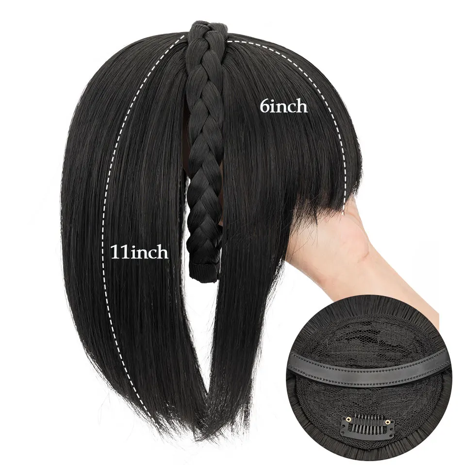 Snoilite 11'' Braided Headband with Clip-In Hair Topper With Bangs Natural Look Synthetic Straight Hair Extensions for Women 92g