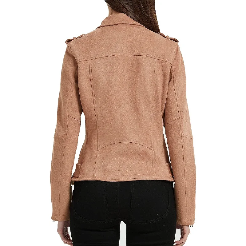Giolshon primavera outono mulheres jaqueta de camurça do falso senhoras sólido com cinto zíper biker casaco feminino casual outwear