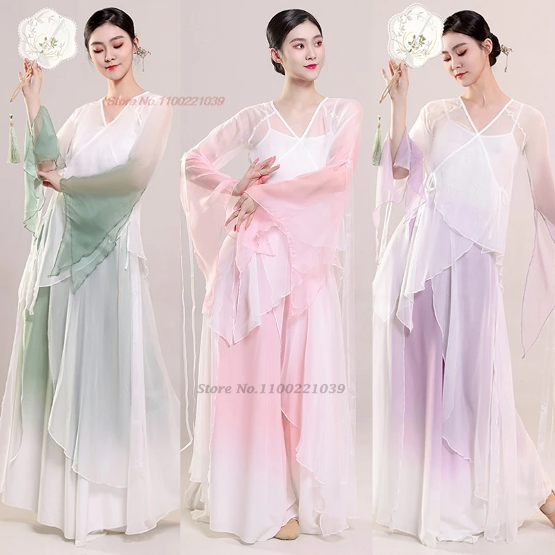 

2026 chinese traditional hanfu clothes retro folk dance costume retro stage performance dress gradient color mesh tops+pants set