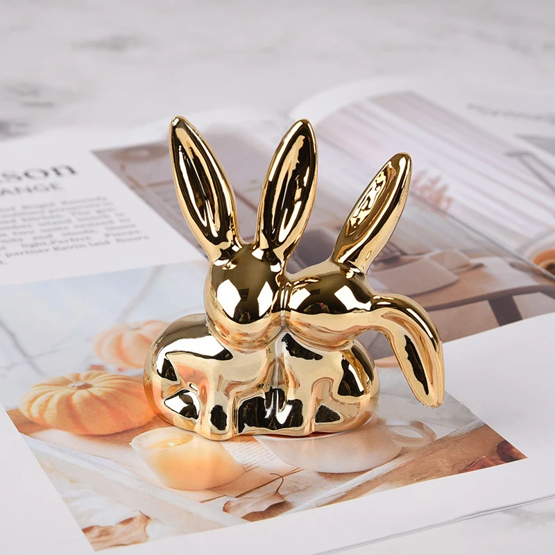 Small Ceramic Cute Rabbit Figurines Desk Ornament Gold Silver Color Bunny Animals Model Furnishings Home Easter Decoration Gift