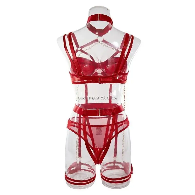 Mesh Lingerie Set Women with Garter Belt Strappy Lingerie Set Choker Bra Panty - Image 2