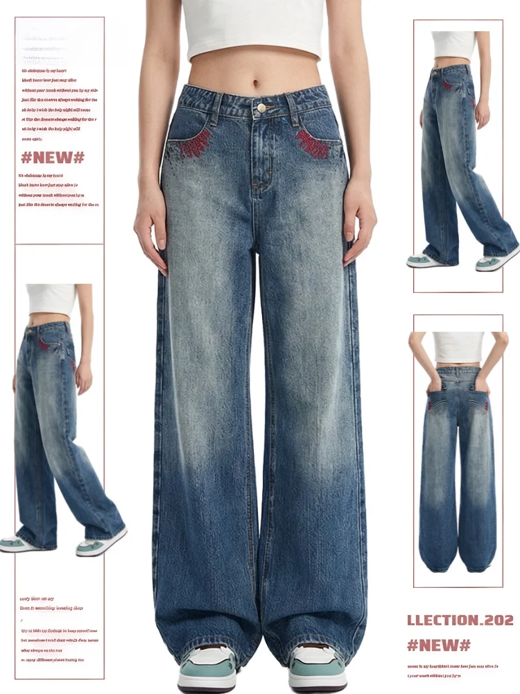 

Retro American Sle Women's Jeans Spring Autumn New Embroidery Iron on Rhinestone Slimming Wide Leg Floor Length Pants