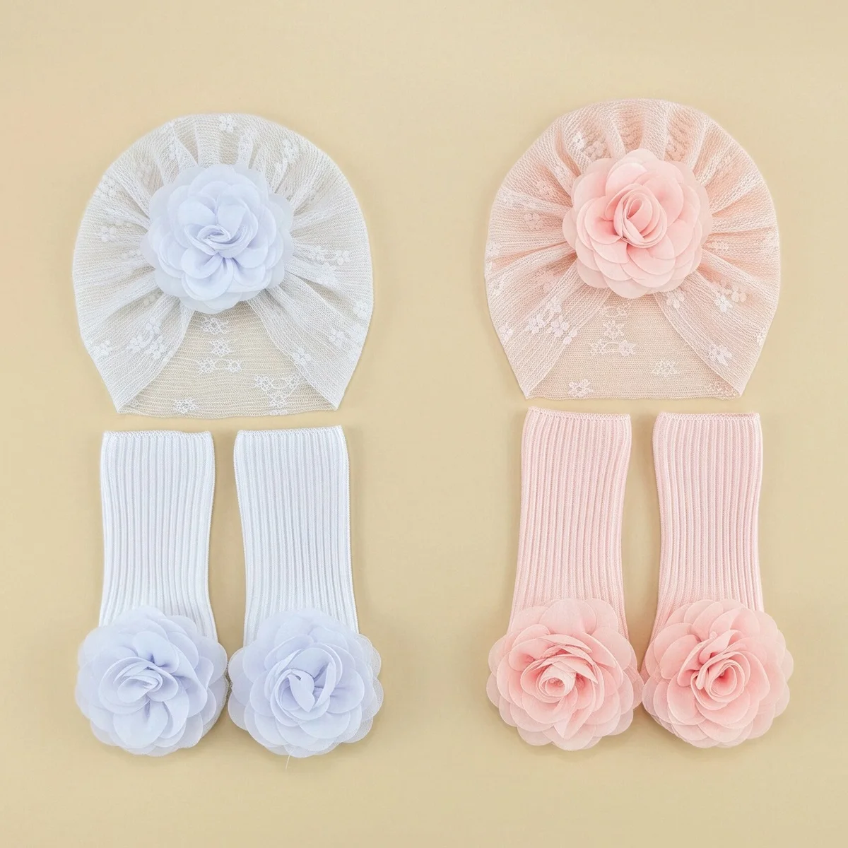 

2Pcs Newborn Baby Summer Hat Socks Set Flower Beanies 0-9M Infant Girls Turban Cap Anti-slip Socks Girl Headwraps Accessories