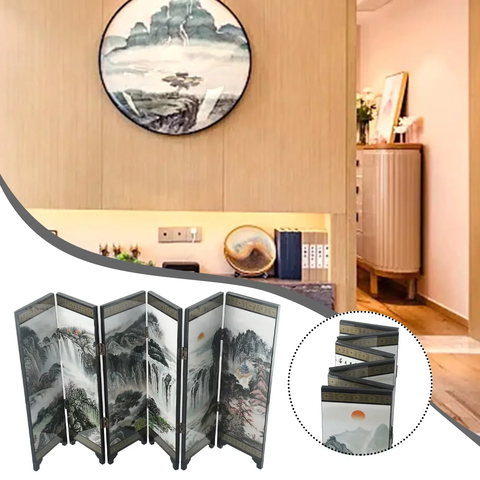 Oriental Office Wooden Screen Divider Separator Retro Chinese Privacy Small Mini Folding Room Partition Crafts 48*24*0.6cm