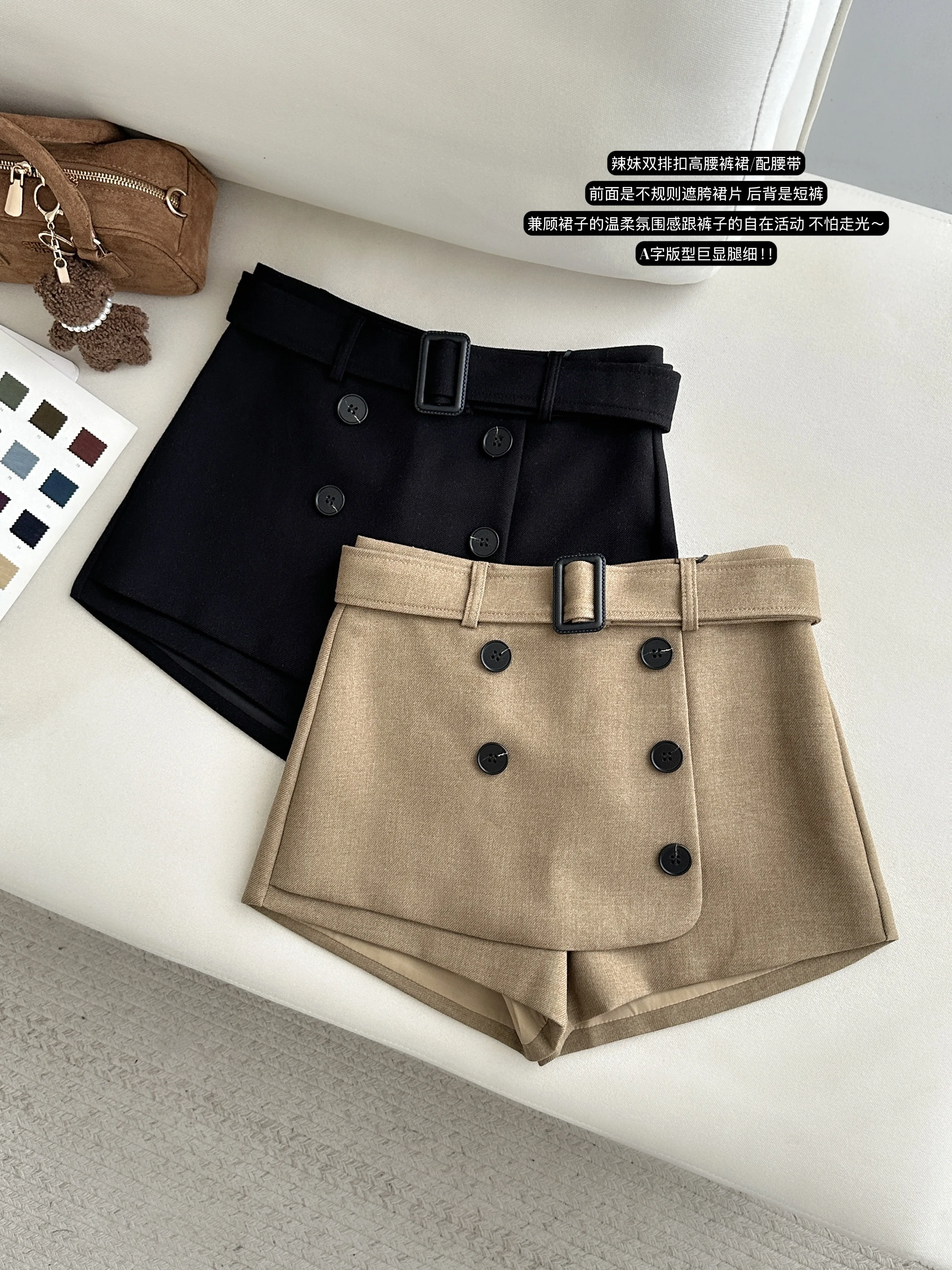 Women's Spring Autumn Elegant Asymmetrical Double Breasted A Line Short Skirt Lady Streetwear Solid Color Irregular Shorts Skirt