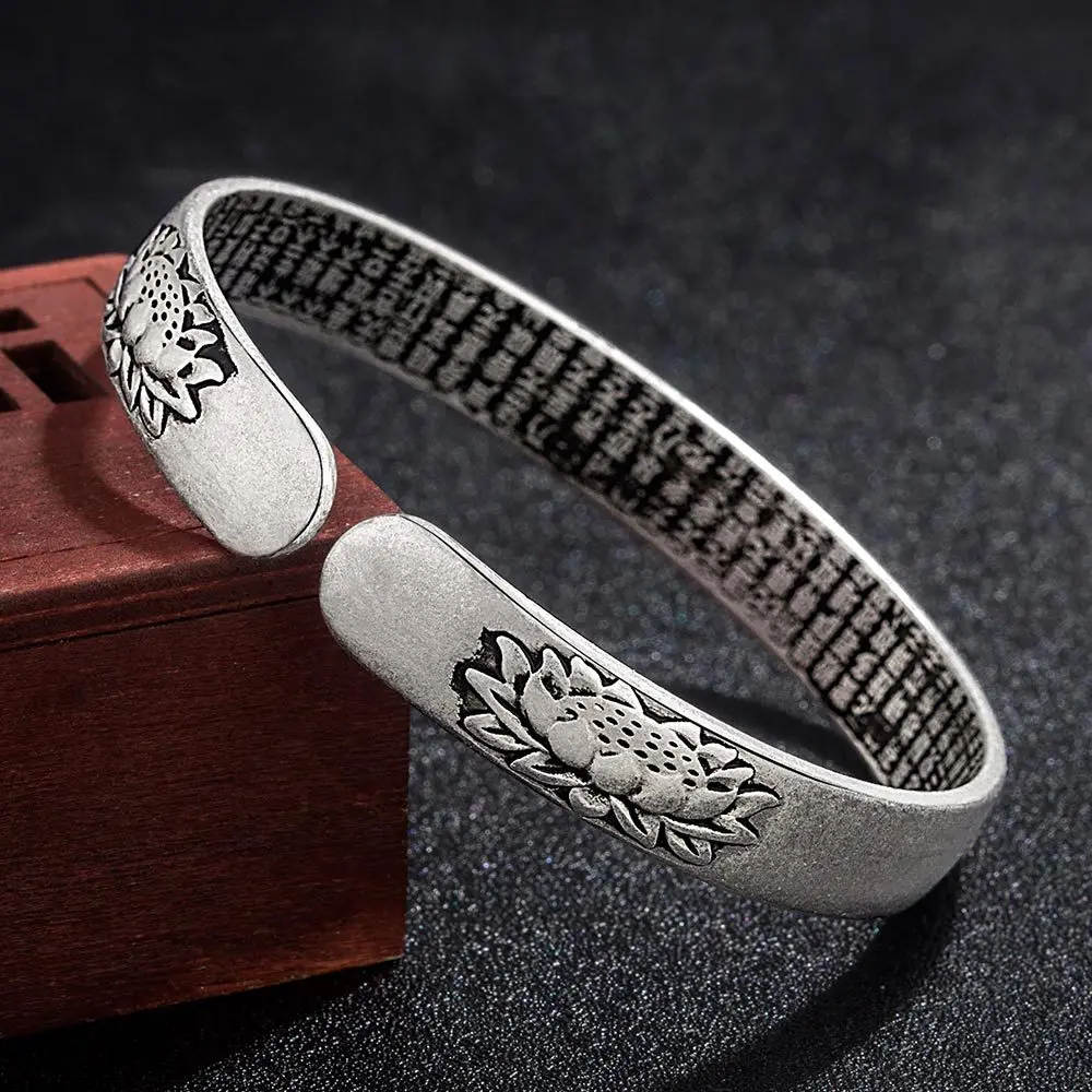 925 Sterling Silver Carving Lotus Flowers Open Bracelets Bangles For Women Wedding Engagement Party Fashion Charm Jewelry