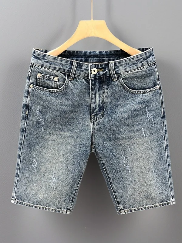 

Классические ретро-джинсы из синего денима для мужчин, летние тонкие повседневные простые модные брюки-пятиштучки, прямые джинсы для мальчиков, повседневная одежда