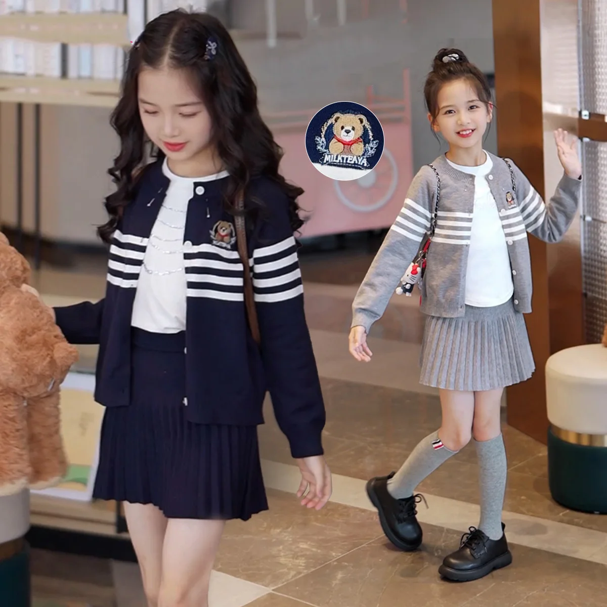 

Детский осенний комплект платья для девочек, полосатое пальто с героями мультфильмов + юбка с эластичной резинкой на талии, комплект платья для маленьких девочек, вязаный комплект из двух предметов для девочек от 3 до 14 лет