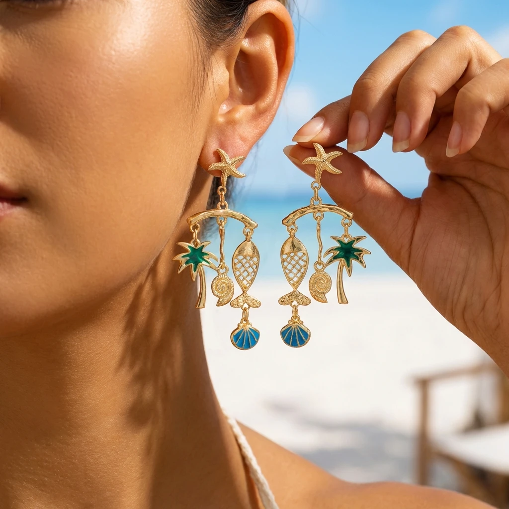 

Seaside Vacation Starfish Fish Conch Dangle Earrings For Women Bohemian Coconut Tree Scallops Earring Summer Beach Party Jewelry