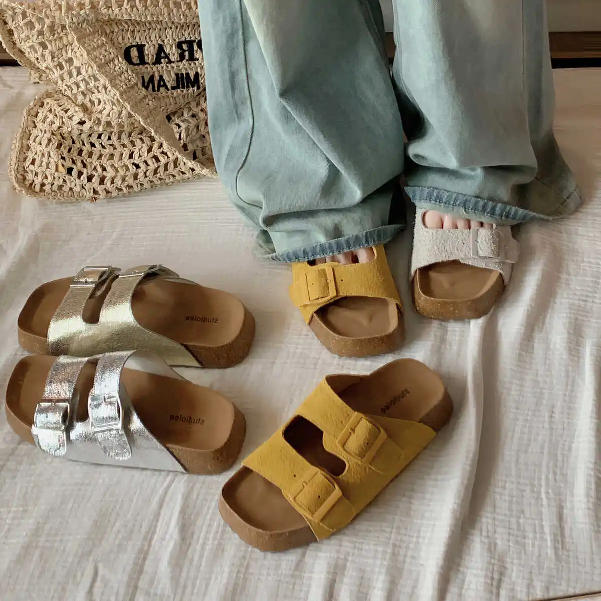 

Soft Footbed Suede Birken Sandals Women And Men Fashion Wear Spring Summer outside Couples Wear Cork Slippers Retro Clogs Shoes