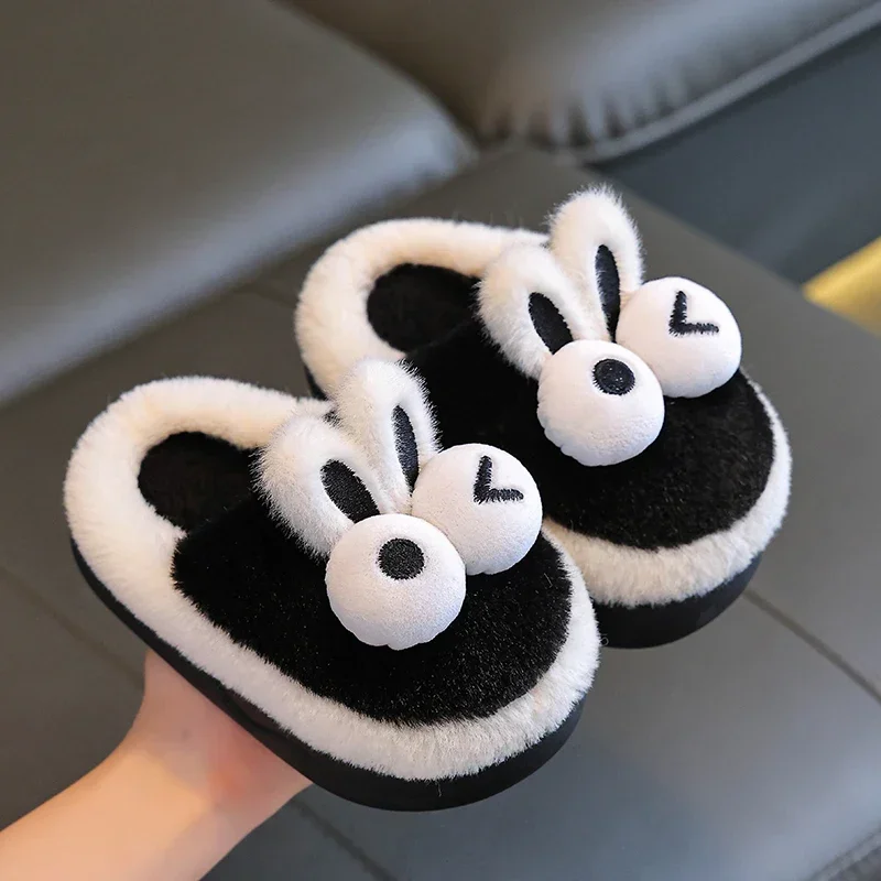 New Winter Warm Cute Cartoon Big Eyes Indoor Mule Soft Non-slip Kids Fluffy Slippers For Girls Boys Children Home Cotton Shoes