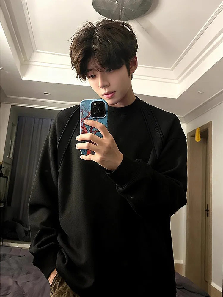 

Men's Long Sve Fce Lined T-irt Pure Bla Boxy Deconstructed Warm Sweatirt Cleanfit Base Layer irt Autumn Winter